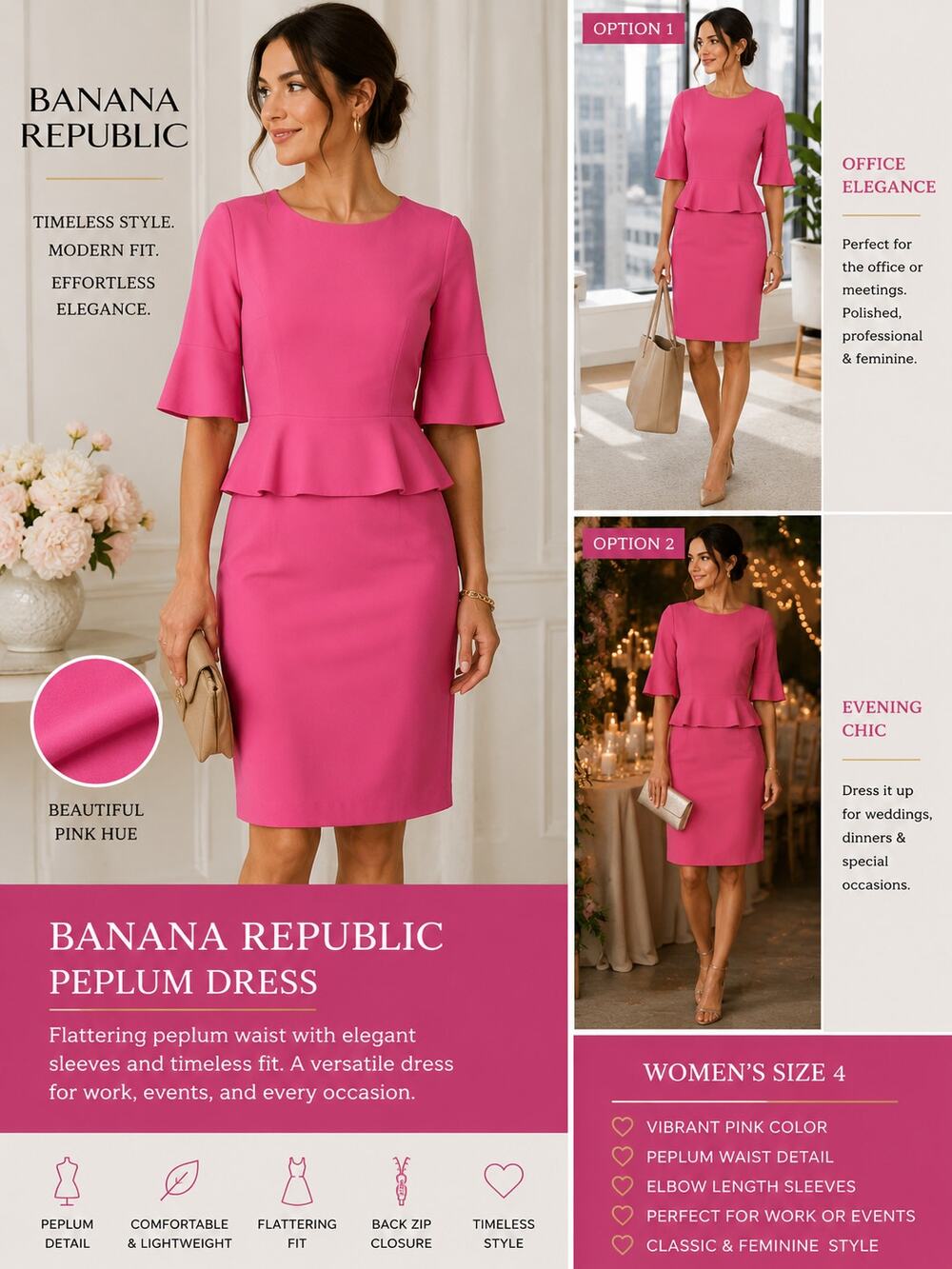 Banana Republic Pink Peplum Dress Size 4 Sheath Career Cocktail Classic Chic